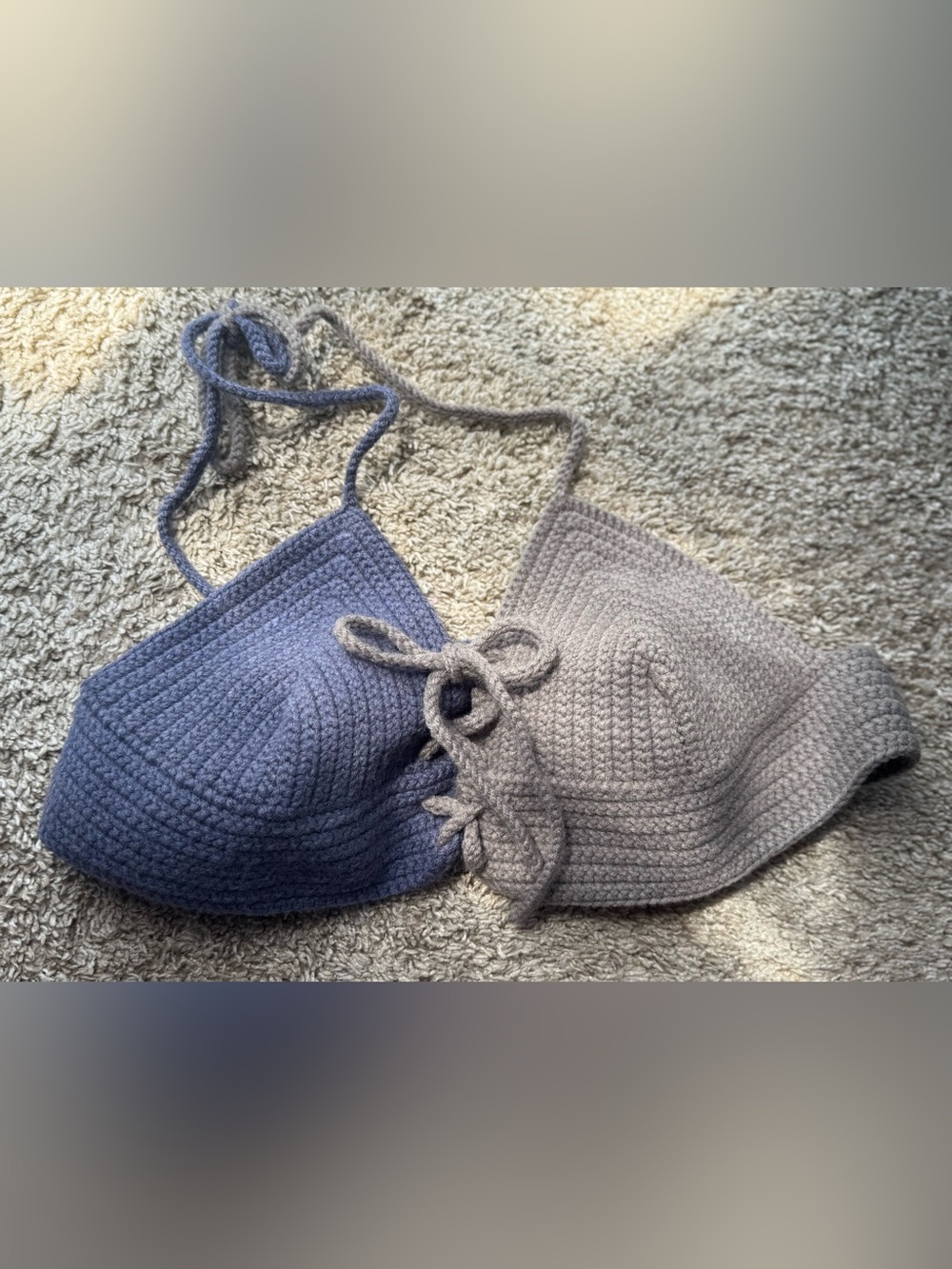 Handmade Crochet Bralette Set Blue Gray Triangle Crop Tops Boho Festival